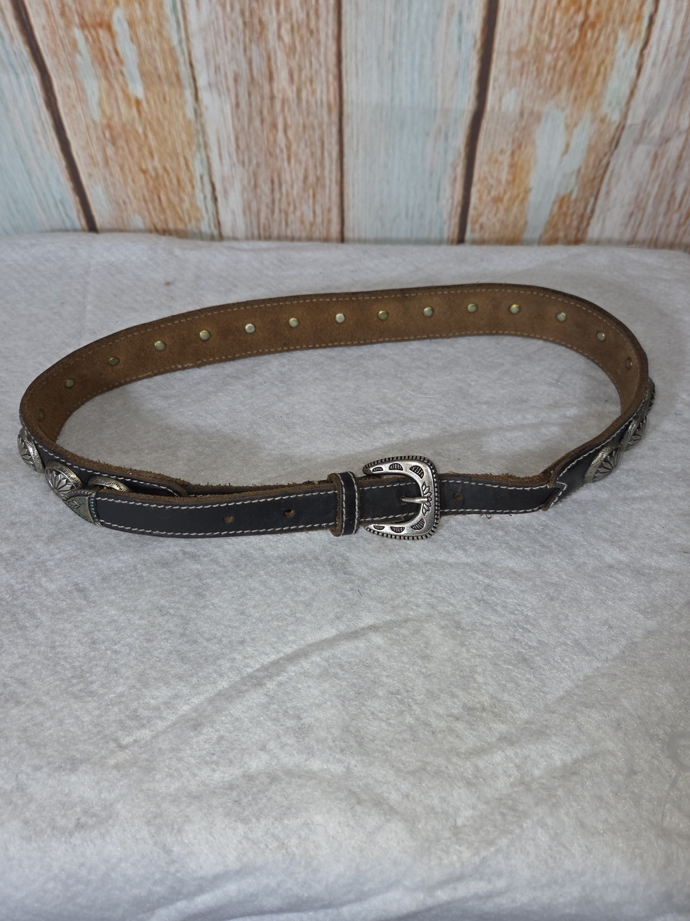 Classic Black Leather Women's Belt with Silver Conchos